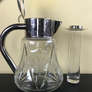 Cut Glass Silver Lidded Pitcher with Glass Cooling Insert Claret Jug 