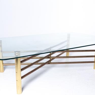 Mid Century Brass and Glass X Base Coffee Table - mcm 