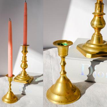 Vintage Brass Short & Tall Candlestick Holder Pair | Centerpiece, Home Decor, Glassware, Bohemian | Mantle Decorative Boho Candle Holder Set 