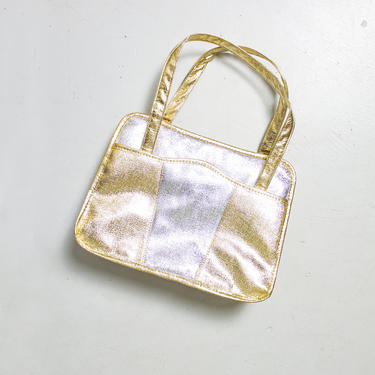 Vintage 1960s Metallic Purse Silver Gold Patchwork Top Handle Bag 60s 
