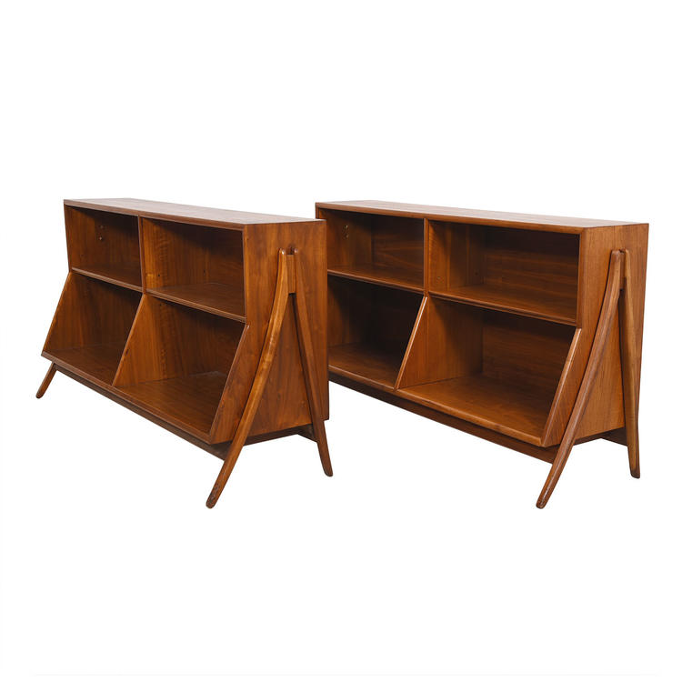 Pair of MCM Walnut Angled Bookcases