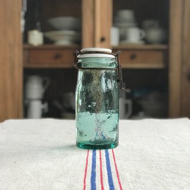 Medium size blue vintage French L’Ideale canning jar with porcelain cap 
