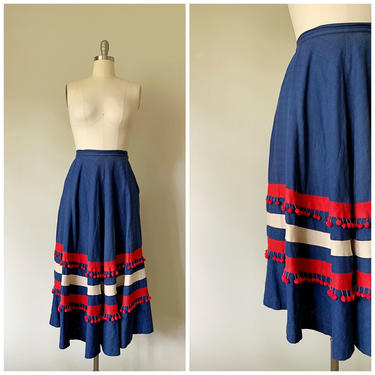 Vintage 50s Skirt • Melody • Blue Cotton 1950s Full Skirt Dingle Ball Trim Size Small 