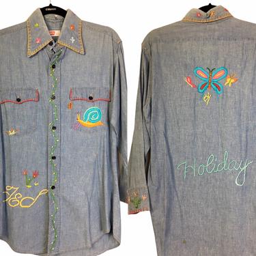 1970s LEVIS Embroidered Stitched Chambray Shirt 
