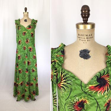 Vintage 50s dress | Vintage green printed glitter print maxi dress | 1950s Hawaiian dress 