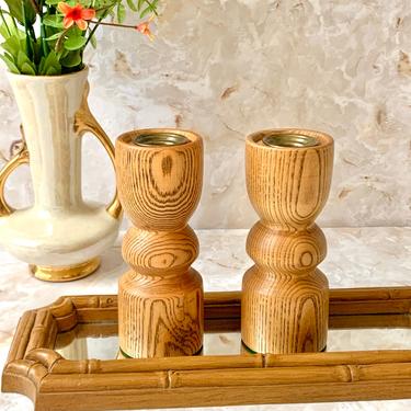 Vintage Candlesticks, Turned Wood, Set of 2, Home Decor, Mid Century, Country Home 