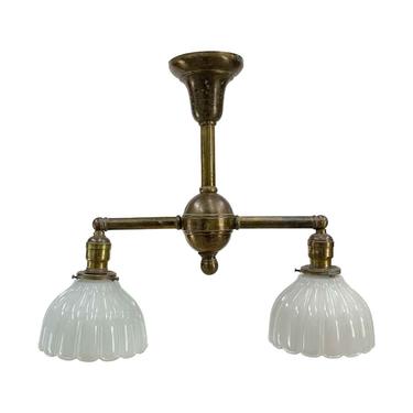 1910s Traditional Brass 2 Fluted Glass Shades Pendant Light