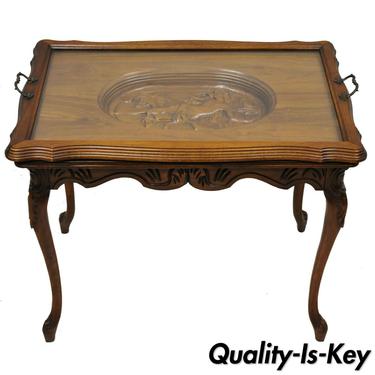 Antique French Louis XV Style Small Walnut Glass Tray Top Figural Coffee Table
