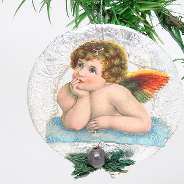 Antique Angel Scrap on Silver Foil Wreath Ornament with Mercury Glass Ball, Dried Leaves, Vintage Christmas Decor 