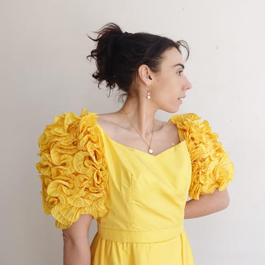 Vintage Alfred Bosand Canary Yellow Gown with Ruffle Sleeves/ 1970s Large Puff Sleeve Maxi Dress with Petal Tiered Skirt/ Size M 