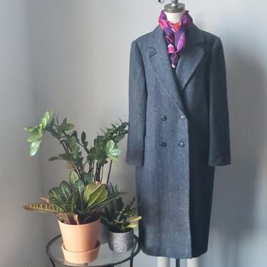 Vintage 80s J. G. Hook Double Breasted Long Herringbone Tweed Coat| Vintage Maxi Blue and Gray Peacoat| Fits up to XL |  Wool Winter Coat 
