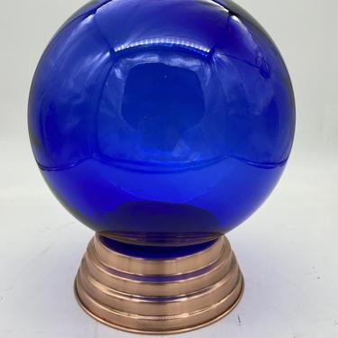 Hand Blown Cobalt Glass Sphere w/ Copper Stepped Art Deco Base 