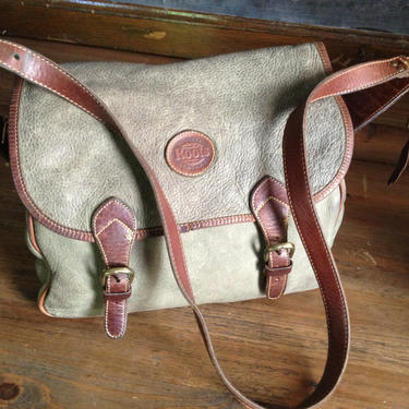 Leather Olive Green Canvas Bag, Vintage Roots Canada, Full Grain Khaki Crossbody Handbag Satchel, Messenger Mini Briefcase 