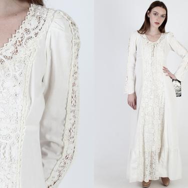 NWT 1969 Black Label Gunne Sax Maxi Dress / Crochet Sleeve 70s Prairie Wedding Dress / Vintage 70s Renaissance Fair Bridal Corset Dress 