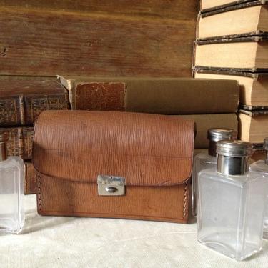 Antique Leather Travel Case, Set of 4 Bottles, Silver Plated, Perfume 