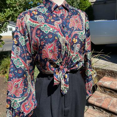 90s silky satin blouse~ jewel tones paisley print~  blousy button down~ poet style sleeves~ 1990’s hipster retro shirt size Medium 