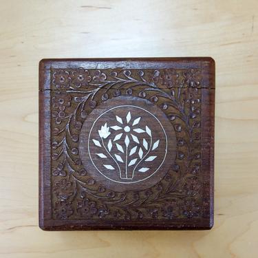 Square Indian wood carved box 6x6&quot; tarot card, crystal, jewelry storage, weed stash box with lid hippie home decor inlaid sheesham rosewood 