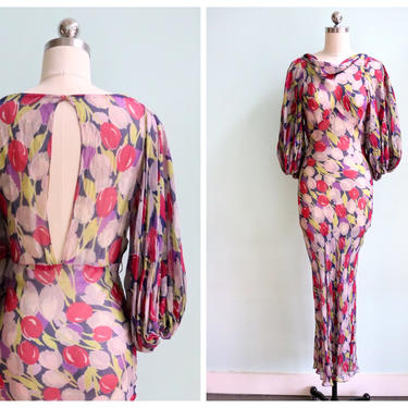 Vintage 1930's Tulip Print Chiffon Gown | Size Extra Small/ Small 