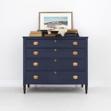 SOLD SOLD Navy Blue Antique Chest of Drawers 1800's Small Dresser with Stained Legs and Eagle Brass Hardware 