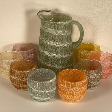 Color Craft Shat-R-Pruf Spaghetti Pitcher & 8 Roly Poly Glasses 