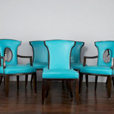 Henredon Barbara Barry Walnut and Blue Vinyl Dining Chairs - Set of 8 