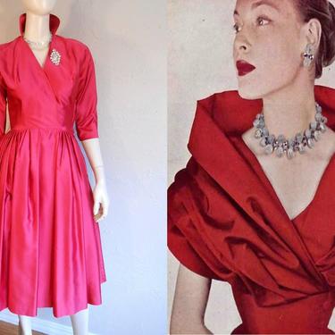 Valentine's Delight - Vintage 1950s Red Satin Collared Full Skirt Cocktail Evening Dress - XS 