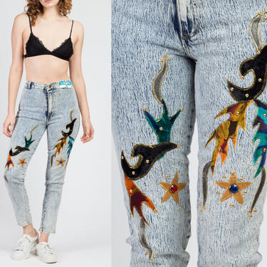 80s Acid Wash Studded Applique Jeans - XS to Small | Vintage High Waisted Grunge Denim Pants Skinny Tapered Mom Jeans 