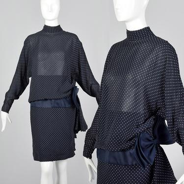Small Valentino Night Navy Blue Silk Dress Swiss Dot Print Long Sleeve Dress Dolman Sleeves Pencil Skirt 1980s 80s Vintage 