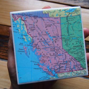 1993 British Columbia Canada Vintage Map Coaster - Ceramic Tile - Repurposed 1990s George Philip &amp; Son Atlas - Handmade - Vancouver 