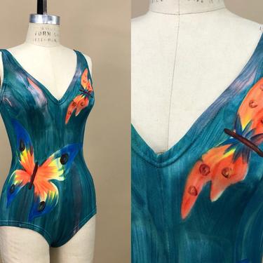 Vintage 1950s Jantzen International Watercolor Swimsuit, Imported From Italy, One Piece Swimsuit, Butterfly Design, Size Medium, 40&quot; Bust by Mo