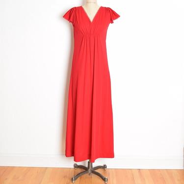 vintage 70s dress red empire waist disco goddess long maxi gown flutter M 