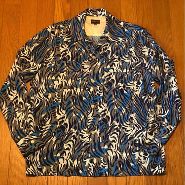 GROOVIN HIGH 1950s Style Vintage Blue &amp; Black Tiger/Leopard Animal Print Rayon Long Sleeve Shirt-Size Small 