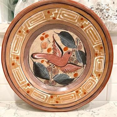Vintage Mexican Folk Art Tonala Petattillo Mexico Pottery Charger 12" Plate Bird Dove Tree Motif Signed Mexico by LeChalet