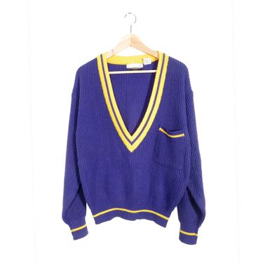 Vintage 80s Lakers Colors Deep V Acrylic Knit Sweater Size M 