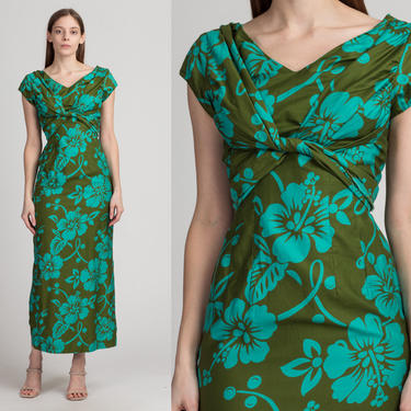 50s 60s Hawaiian Floral Maxi Dress - Small | Vintage Blue Green Cinched Waist Tiki Column Dress 