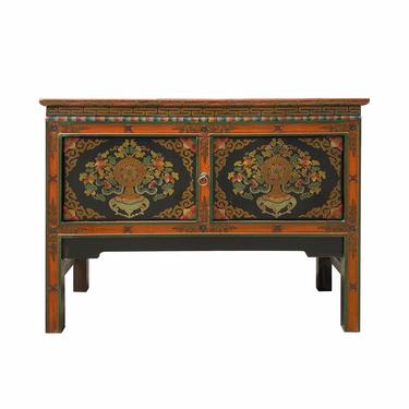 Tibetan Oriental Black Orange Red Floral End Table Nightstand Side Table cs6950E 