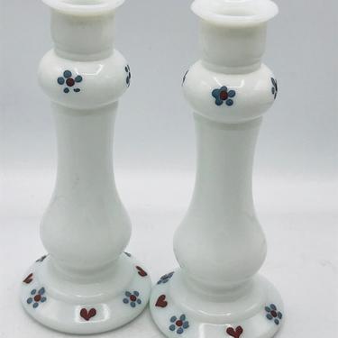 Vintage Set of 2 Vintage E O Brody White Milk Glass M-118 Candle Stick  8&quot; Tall - Hand Painted 
