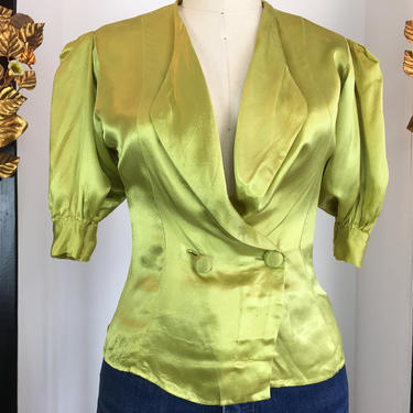 1930s silk blouse, vintage 30s blouse, old Hollywood style, chartreuse green, size small, puff sleeves, Art Deco blouse, film noir style 