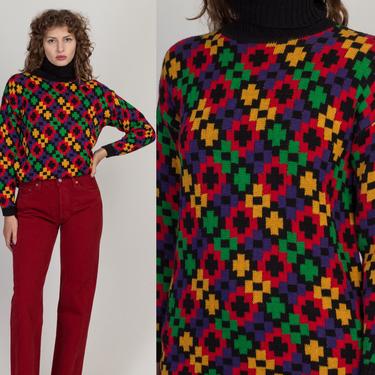 80s Colorful Geometric Turtleneck Sweater - Small to Medium | Vintage Rafaella Knit Pullover Jumper 