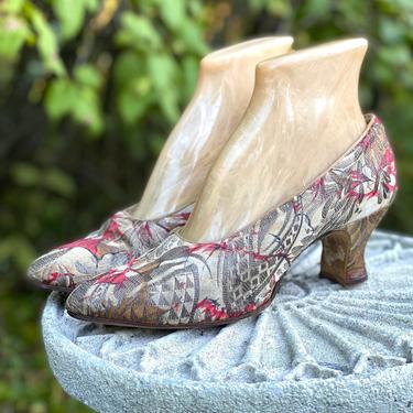20s lamé sz 7 metallic shoes  / vintage 1920s print ENGLAND flapper high heels pumps 1930s UK 5 