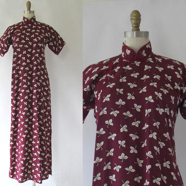 ASIAN PERSUASION Vintage 40s Dress | 1940s Maroon Rayon Leaf Print Maxi Length Chinese Cheongsam Qipao | Shanghai, Tiki, VLV | Size Medium 