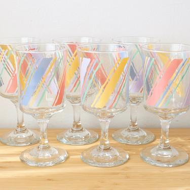 Vintage 1980s Pretty Pastel Striped Drinking Glasses Golden Girls Stemmed Glasses - Set/6 