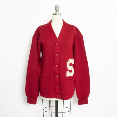 Vintage 1950s Varsity Sweater - STANFORD U Red Wool Knit Letterman Cardigan 50s - Large 