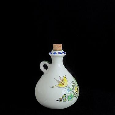 Vintage Modernist Mexican Tonala Art Pottery Hand Painted Bottle Jar Jug with Bird &amp; Floral Scene 5.75&amp;quot; Tall Artist Signed CAT 