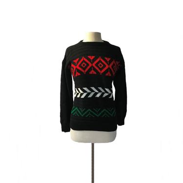 Vintage 60s black Nordic sweater| red green white geometric stripe ski sweater| Fair Isle sweater 