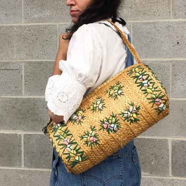 Vintage Straw Bag Retro 1970s Bohemian + Seashells + Flower Design + Tropical or Beach + Shoulder Bag + Handbag + Womens Accessory 