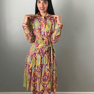 70s Italian wrap dress | multi colored print collared shirt dress | long sleeve dress 