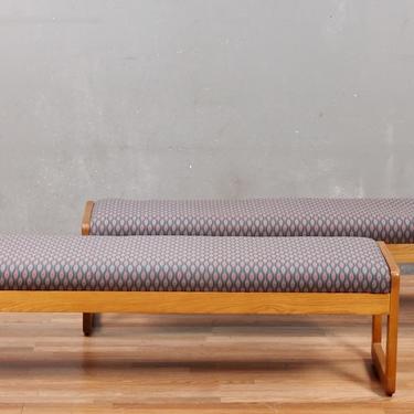Mid Century Oak &amp; Peacock Upholstered Bench – ONLINE ONLY
