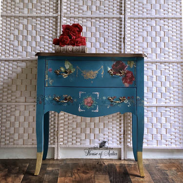 Multicolor Blue Boho French Bombe Chest. Plaid Vintage Chest. Entryway Accent Table. Boho, Eclectic, French Country Home. Bedroom. 