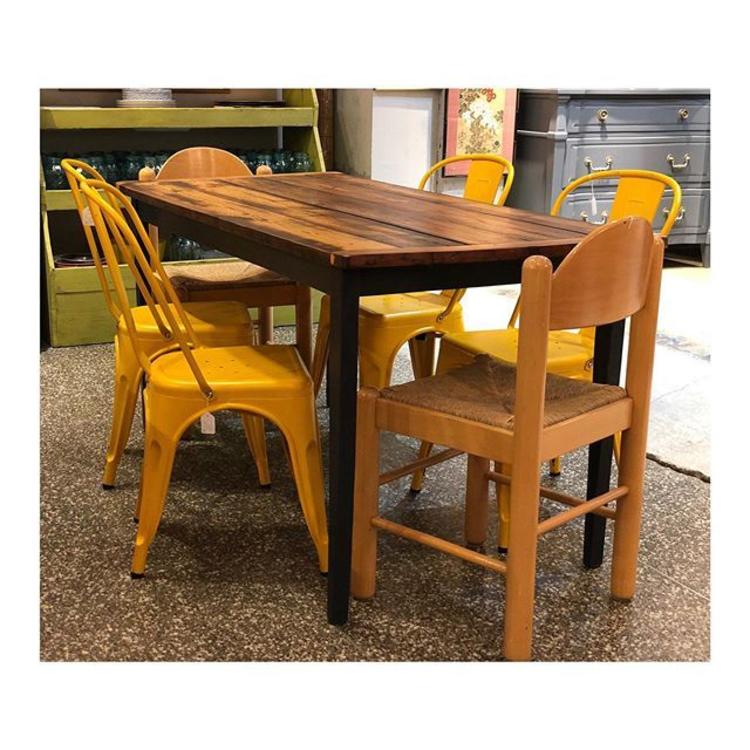 Reclaimed Wood Dining Table and Yellow Industrial Chairs 